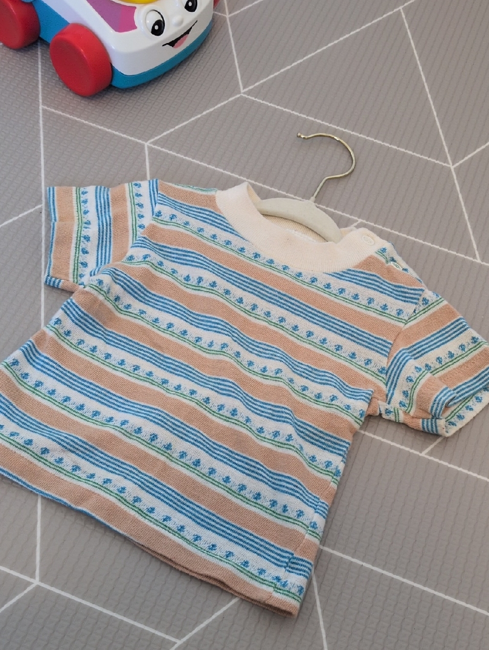 VINTAGE - 12M - Striped Short-Sleeve Knit Top - Blue & Tan